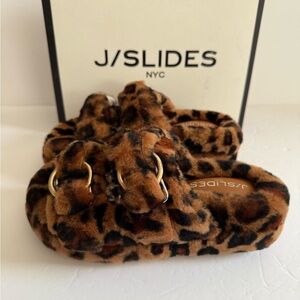 JSLIDES Shearling Leopard Print Fur Gold Buckle Chunky Tan Slippers Women Size 6